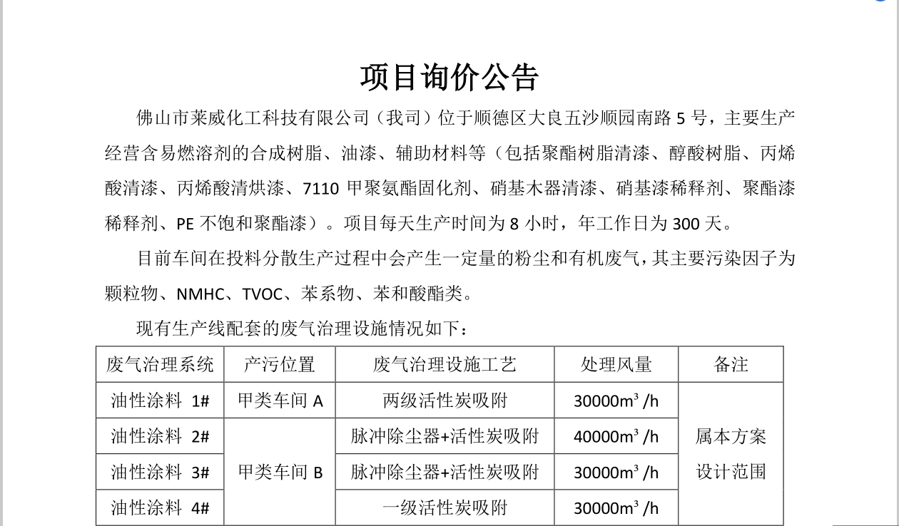 佛山市萊威化工科技有限公司VOCs廢氣處理項(xiàng)目招標(biāo)公告